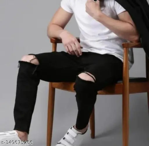 Black denim flaying men knee-slit jeans, solid pattern, size 28/30/32, Indian origin