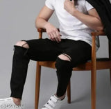 Black denim flaying men knee-slit jeans, solid pattern, size 28/30/32, Indian origin