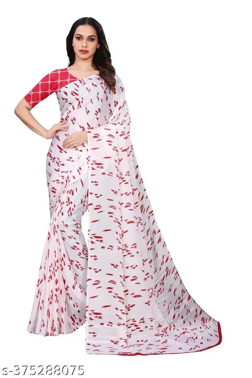 A red and white patterned silk sari