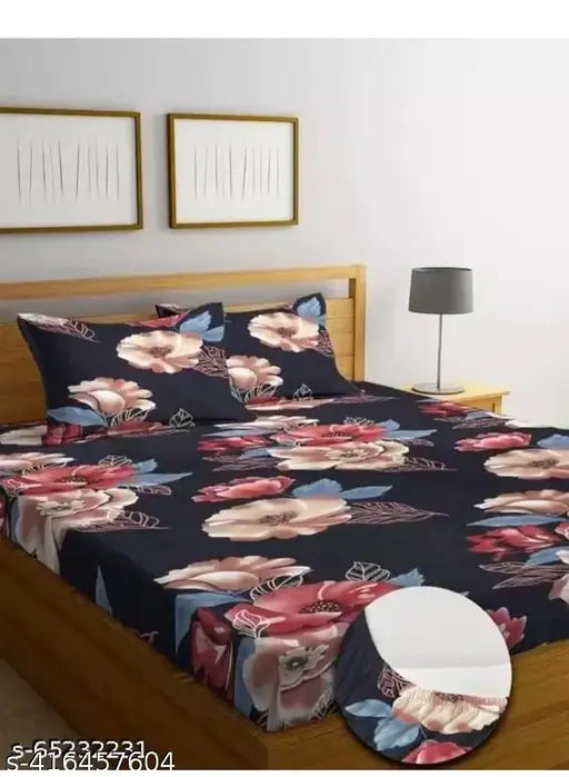 Attractive cotton floral fitted double bedsheet with 2 large pillow covers, ideal for summer - India