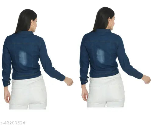 Denim women's waistcoat with shank buttons, chest pockets & long sleeves - Indian made classic jacket