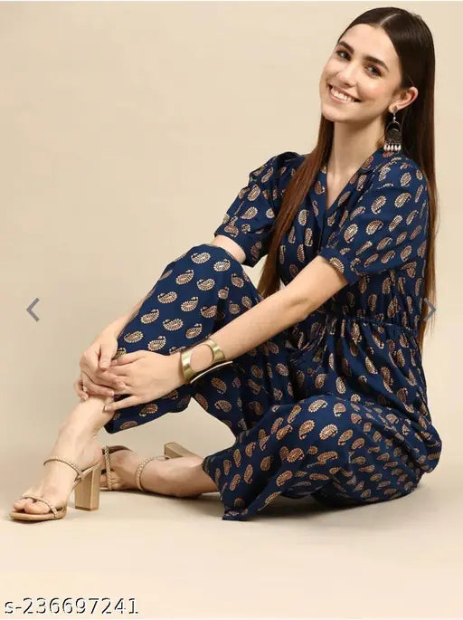Rayon Myntra jumpsuit, navy blue with golden ethnic motifs, printed net pattern, short puff sleeves, tie-up detail, pockets, size XS-XXL