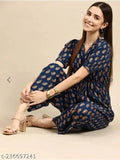 Rayon Myntra jumpsuit, navy blue with golden ethnic motifs, printed net pattern, short puff sleeves, tie-up detail, pockets, size XS-XXL