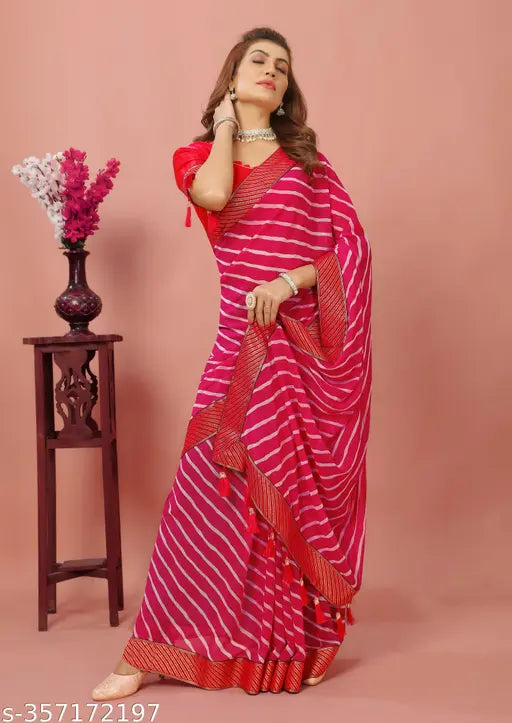 Shibori georgette print silk lehengha saree, pink and white lace with blouse