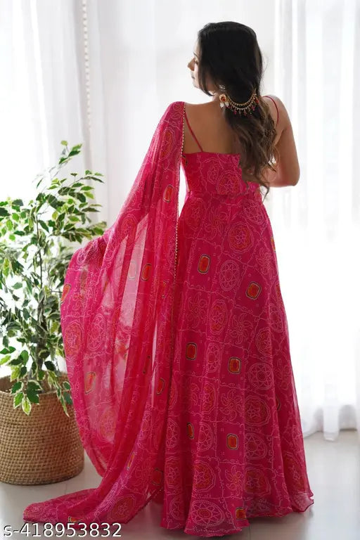 Georgette digital print anarkali gown with dupatta, sleeveless & 54" length, traditional Indian fashion