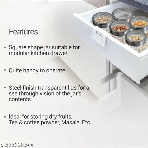 12 x Transparent cube glass jars with silver lids for kitchen storage of dry fruits, masala, and grains.