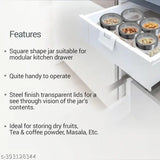 12 x Transparent cube glass jars with silver lids for kitchen storage of dry fruits, masala, and grains.