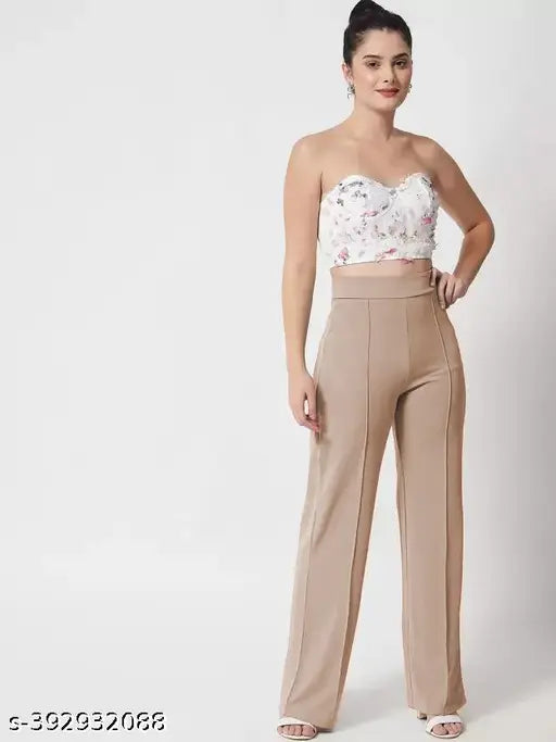 Vintage classic high-rise bellbottom cotton blend trousers, 4-piece set for girls and women in solid patterns
