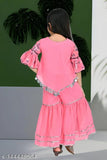Modern cotton blend A-line palazzos for girls, embellished short sleeve kurta - Indian fashion, calf length, size 3-4 years