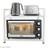 White 2-tiered microwave stand with 10 hooks and a matching oven rack