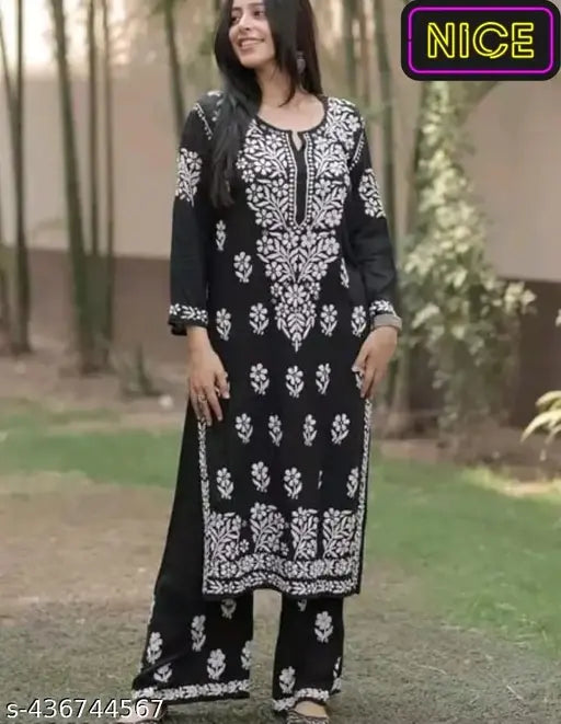 Rayon chikankari work kurta and plazzo set, beautiful Modaal heavy Ghasspatti embroidered bottomwear and top, Indian rayon fabric, various sizes available