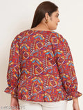 Grey & pink UF Beyond Geometric Print Crepe A-line Top with V-neck, long puff sleeves, woven crepe