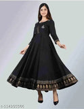 Black, embroidered, long-sleeved, anarkali kurta, formal wear for women, with a round neckline and a straight cut
