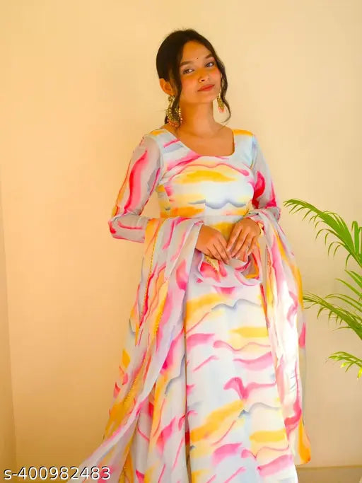 Georgette printed anarkali gown with dupatta set, vibrant Indian women's formal wear