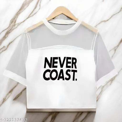 White cotton crop top with Never Coast print and net detail for women