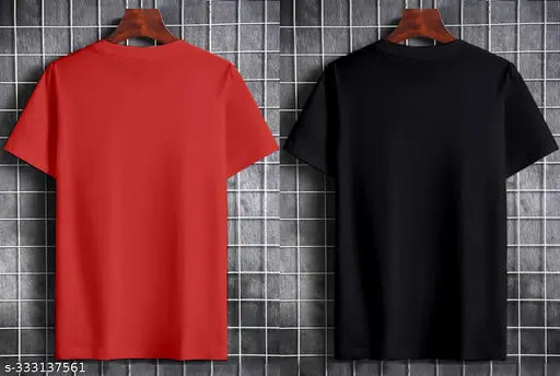 Cotton regular round red graphic print men's t-shirt pack (2), India origin