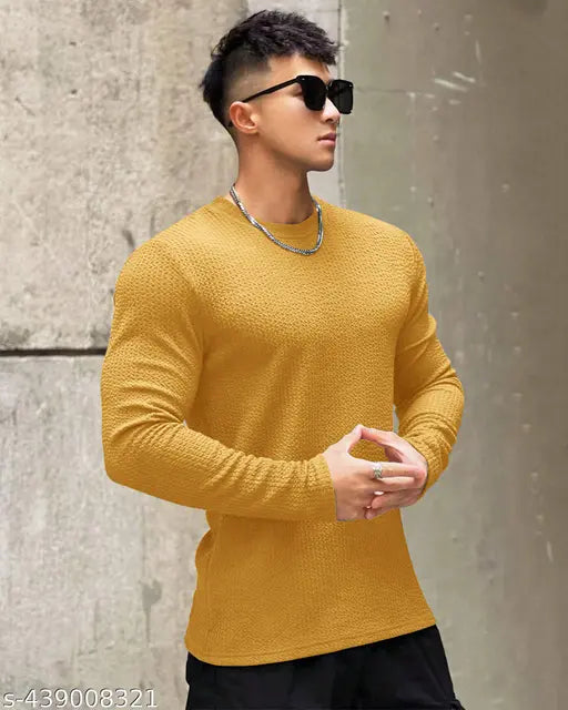 Men's cotton blend long sleeves solid Popcorn Stylist T-shirt, India-made