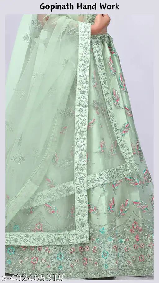 Gopinath Hand Work Net Pista Lehenga Choli & Dupatta with Embroidered Blouse - Free Size, Indian embroidered women's outfit on display