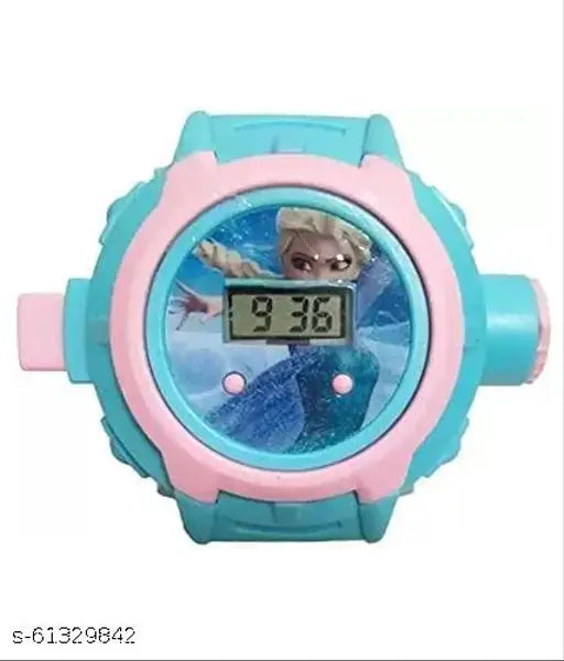 A digital watch with a princess theme, blue border, pink face, and a princess figure on the front. It is designed for children