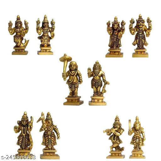 Brass Dashavatara idol of Lord Vishnu, ten incarnations, intricately detailed, for temple puja, height 25 inches, Indian artistry