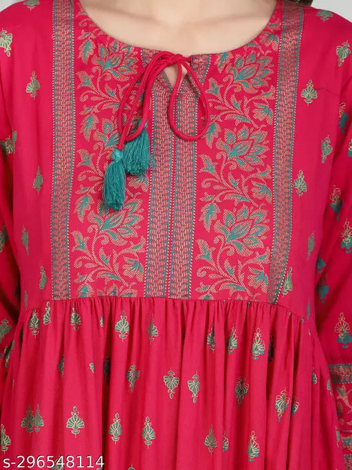 Red rayon women's long kurta with floral print