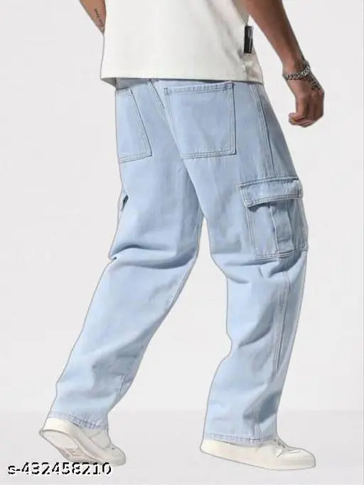 Men's oversized light blue denim cargo jean - solid design, available in sizes 28, 30, and 32 (Waist 29/31/33, Length 40, Hip 36/38/40) from India