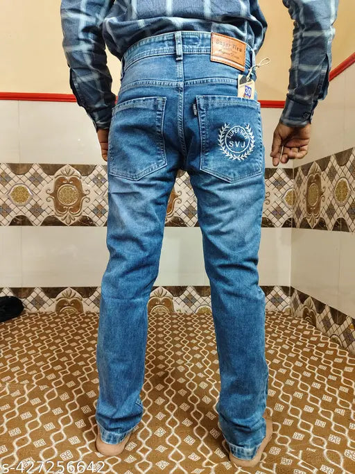 Men's blue denim jeans with front pocket pocket embroidery