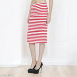 The image shows a red and white striped pencil skirt with elastic waistband. It is knee length, likely suitable for party wear. This garment is designed for women or girls