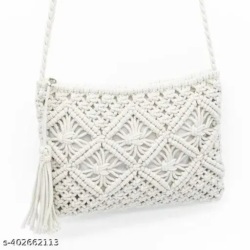 White macrame cotton handbag with small shoulder strap