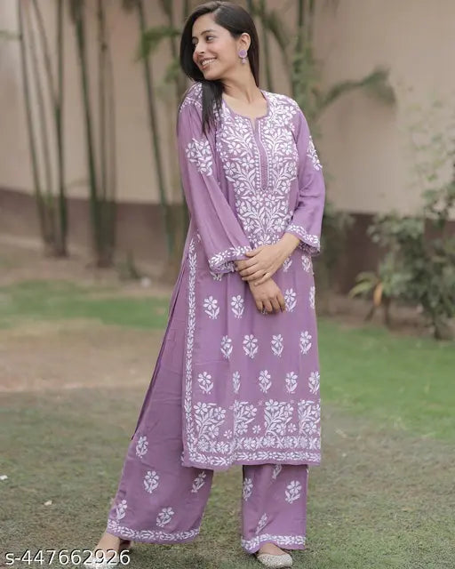 Rayon Chikankari Floral Design Kurti Palazzo set with embroidery, Lucknowi Chikan embroidered ethnic wear for women