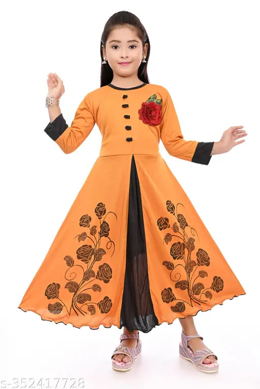 Acrylic three-quarter sleeve printed net kids gown, elegant for special occasions. Elegant kid's gown in India, perfect for 2-3, 3-4, or 4-5 years old