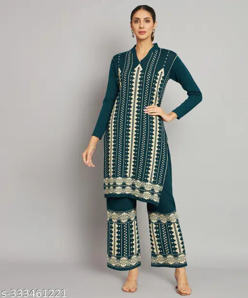Multicolor women's woolen floral A-line V-neck kurta set with palazzos, trendy and cozy, India origin