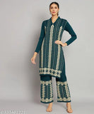 Multicolor women's woolen floral A-line V-neck kurta set with palazzos, trendy and cozy, India origin