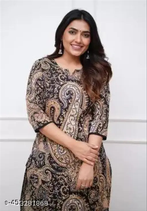 Black printed lacework CO ORD Set Kurta Palazzo - Indian cotton kurta with intricate prints & delicate lace detailing, ideal for casual or semi-formal events