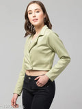 Green faux suede double-breasted casual blazer, solid color, long sleeves, India-made