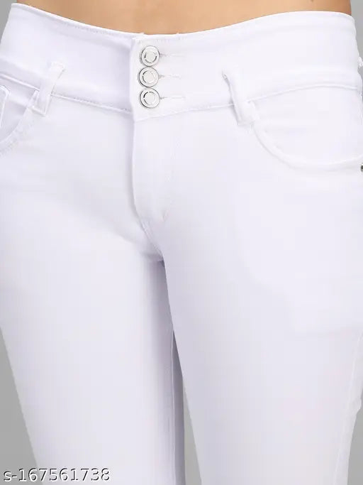 White denim stretchable slim ankle length jeans with 3 buttons, high rise and 5 pockets for casual wear