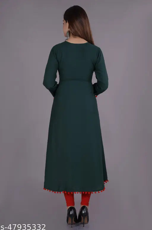 Green rayon embroidered anarkali with long sleeves, knee-length