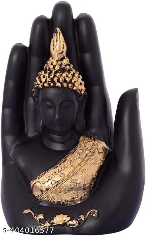 Black resin modern palm Buddha statue, artfully crafted for home office table or living room decor. Ideal for housewarming gifts. Dimensions: L12cm x H16cm x B9cm. Handmade in India