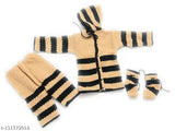 Cream & Brown unisex woolen knitted sweater set with hood (3pc) for babies 1-2 years, self-design, perfect for winter/semi winter