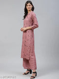 Pink rayon kurta palazzo set, self-designed net print on straight fit calf length palazzos and mandarin collar kurta, perfect for women's regular wear, from Highlight Fashion Export, India