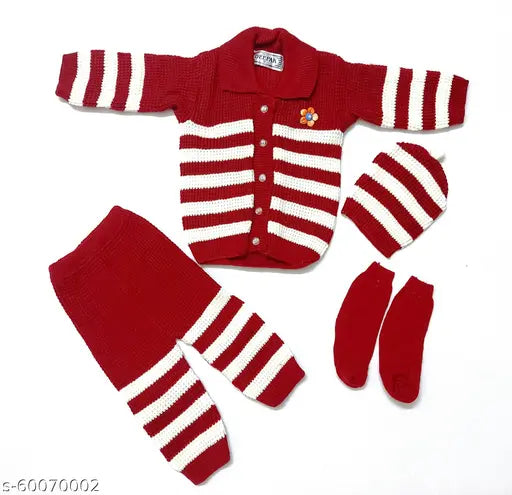 Kids Woolen Maroon & White Colorblocked Sweater Combo Pack (Sweater, Pajama/Pant, Cap, Socks) - Winter essential for 0-1 Year Babies from India