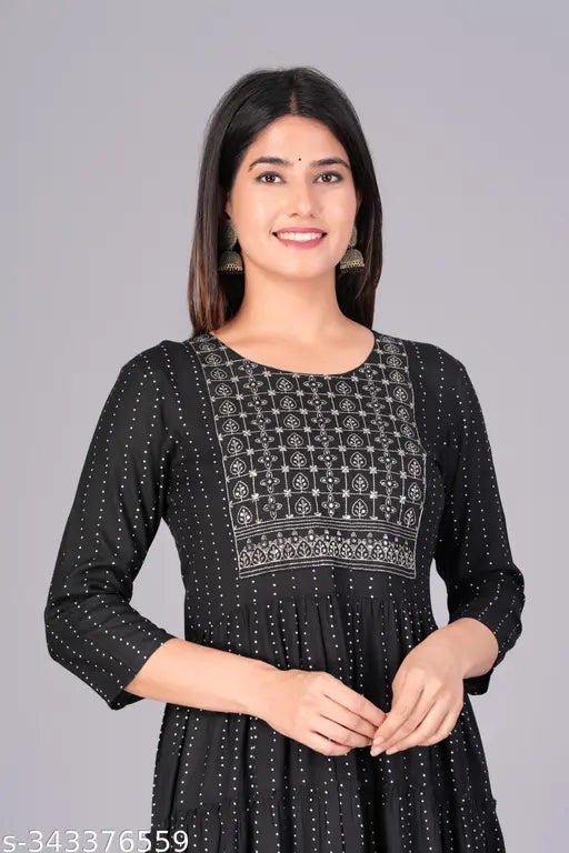 Embroidered viscose rayon anarkali kurta, three-quarter sleeves with printed combo for women, Indian ethnic wear on mannequin