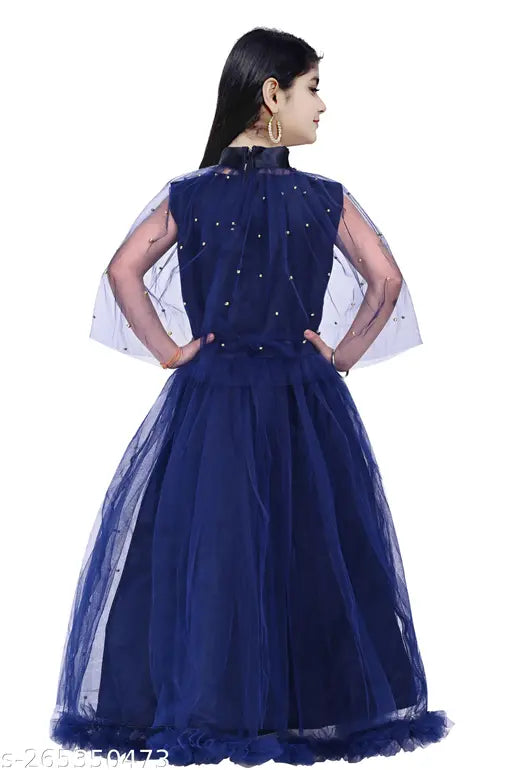 Girls navy blue net frock dress, single sleeveless printed net dress for 3-14 years, colorful net frocks by AN Nasr Garments, India origin