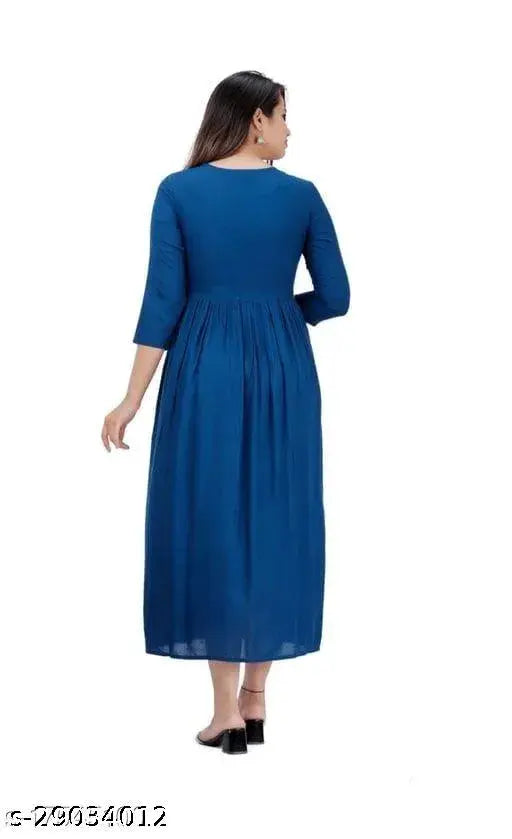 Blue embroidered rayon kurti with three-quarter sleeves, Indian women's fashion