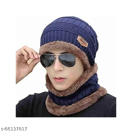 Blue woolen beanie/skull cap & neck warmer combo with faux fur inner side - winter proof headgear set