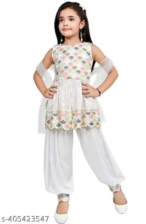 White Georgette Afghani Salwar and Kurti with dupatta, A-line patiala style for children's clothing, solid pattern and sleeveless design