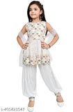 White Georgette Afghani Salwar and Kurti with dupatta, A-line patiala style for children's clothing, solid pattern and sleeveless design