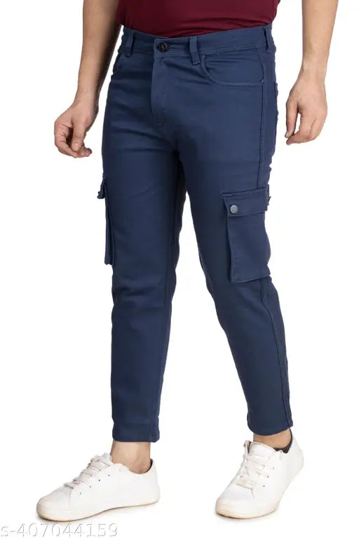 Blue cotton cargo denim for men - spacious pockets, belt loops, classic denim styling