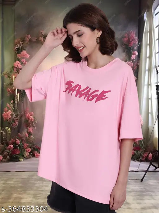 Oversized cotton front and back printed T-shirt in pink, for women