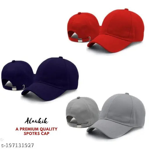 Three multi-color baseball caps, summer sports style, in a package
